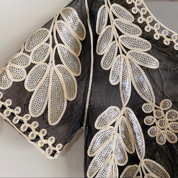 Vintage Simply Couture Floral Mesh Sequined Blouse Top Jacket Black & Ivory L - Picture 4 of 9